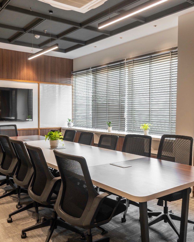 Boardroom table set for a meeting