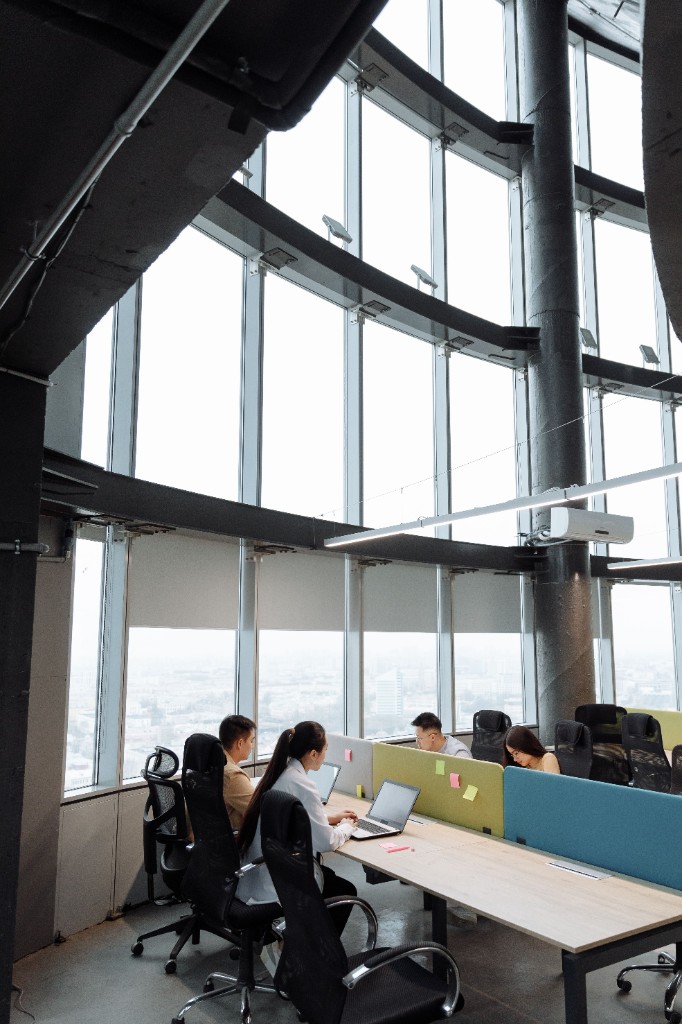 High-rise coworking desks with city views